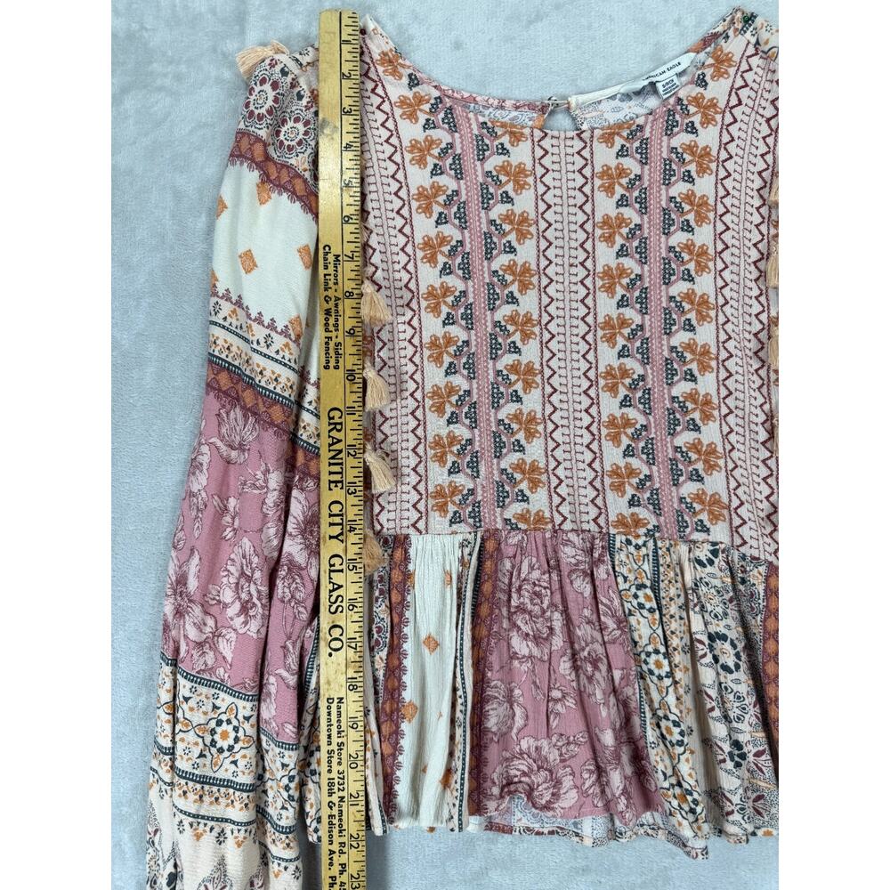 American Eagle Boho Peplum Top Small Dolman Sleeve Tassel Embroidered 100% Visco - Picture 4 of 10